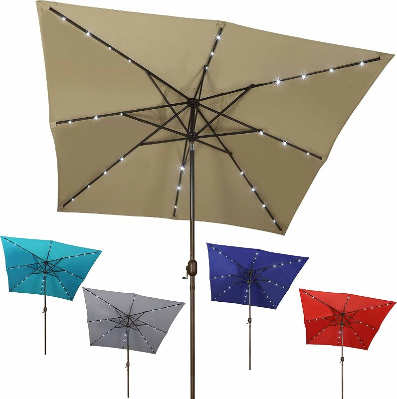Photo 1 of Blissun Square Patio Umbrella with 28 LED Lights, Solar Umbrella Table Market Umbrella with Tilt and Crank Outdoor Umbrella for Garden, Deck, Backyard, Pool and Beach, Tan NEW