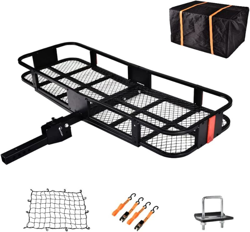 Photo 1 of TITIMO 60"x21"x6" Folding Hitch Mount Cargo Carrier - Luggage Basket Rack Fits 2" Receiver - Rear Cargo Rack for SUV, Truck, Car(Includes Cargo Net, Ratchet Straps, Waterproof Cover) - 550LB Capacity NEW