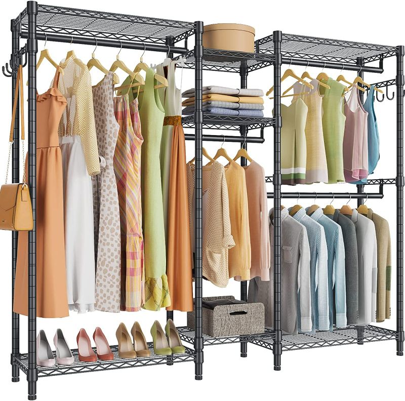 Photo 1 of JustRoomy Heavy Duty Clothes Rack for Hanging Clothes, Large Garment Rack with Shelves Portable Closet Wardrobe Rack Freestanding Adjustable Metal Clothing Rack for Bedroom, Max Silver NEW