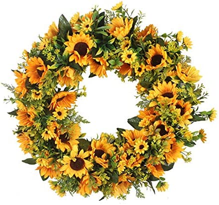 Photo 1 of Artificial Sunflower Summer Wreath, 16 Inch Decorative Floral Wreath with Yellow Sunflower and Green Leaves Front Door Wreaths for All Seasons NEW 
