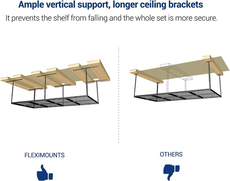 Photo 4 of FLEXIMOUNTS 4x8 Overhead Garage Storage Rack, Adjustable Garage Storage Organization Systerm, Heavy Duty Metal Garage Ceiling Storage Racks, 600lbs Weight Capacity, Black