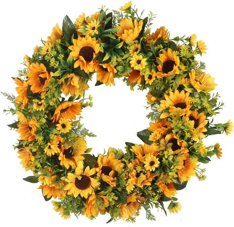 Photo 1 of 16" Sunflowers Flowers Greenery Wreath Summer Fall Celebrate Handcrafted Door Wreath Wildflowers Decoration NEW 