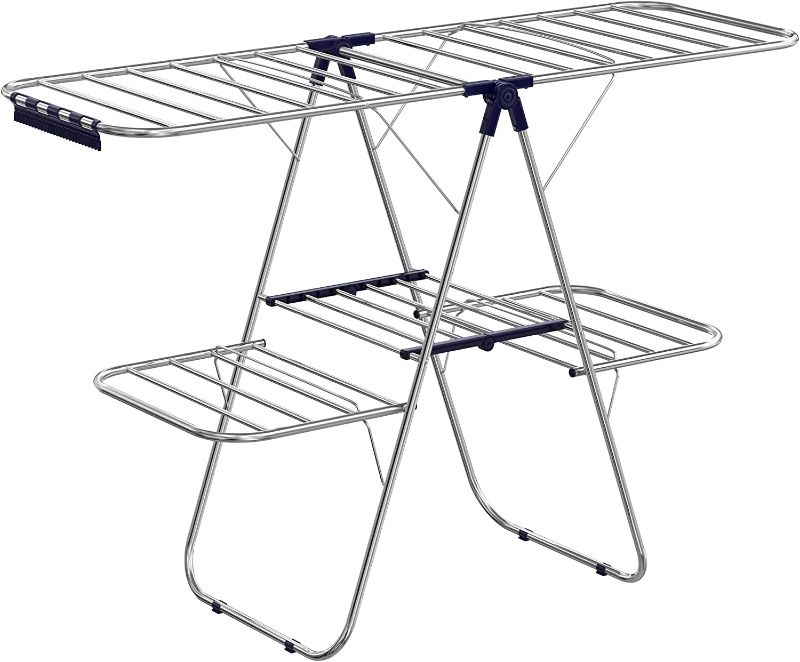 Photo 1 of SONGMICS Clothes Drying Rack, Foldable 2-Level Laundry Drying Rack, Free-Standing Large Drying Rack, with Height-Adjustable Wings, 33 Drying Rails, Sock Clips, Silver and Blue