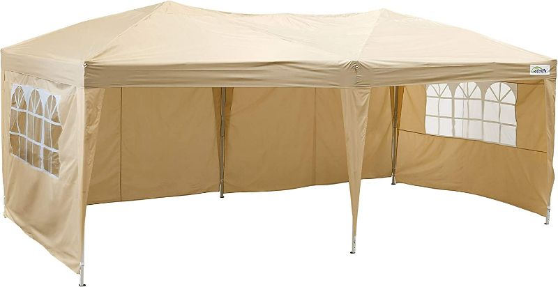 Photo 1 of Goutime 10 X 20 feet Christmas Party Event Instant Tent, Ez Pop up Canopy with Removable Sidewalls and Wheeled Bag (10'x 20', Beige)