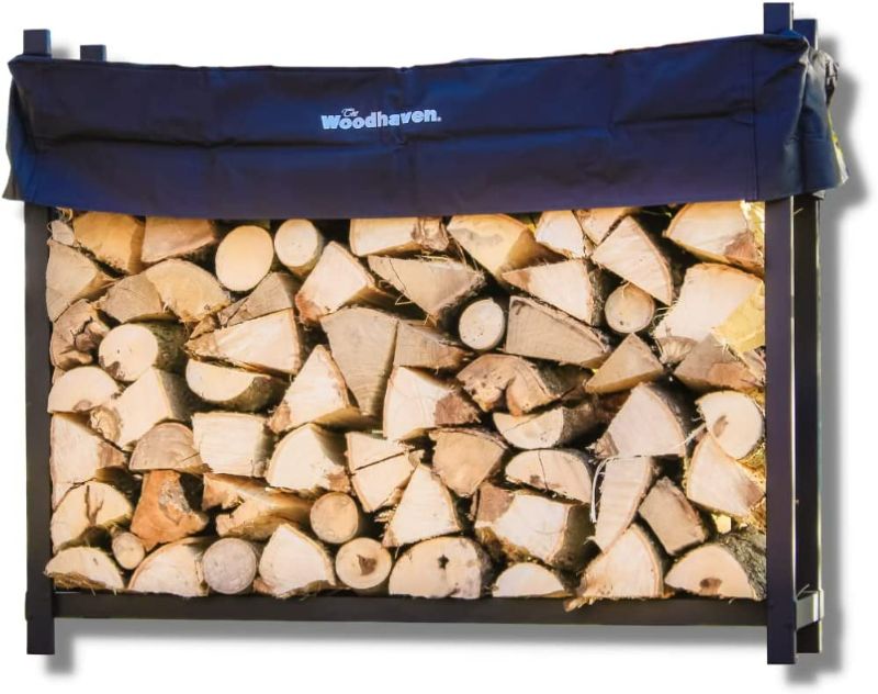 Photo 1 of Woodhaven 5 Foot Black - Made in the USA - 1/4 Cord Plus Firewood Storage Log Rack With Seasoning Cover Combo Set - Indoor Outdoor - Metal Firewood Rack - Heavy Duty
