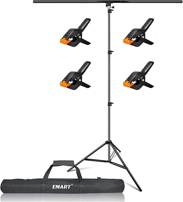 Photo 1 of EMART T-Shape Portable Background Backdrop Support Stand Kit 5ft Wide 8.5ft Tall Adjustable Photo Backdrop Stand with 4 Spring Clamps 