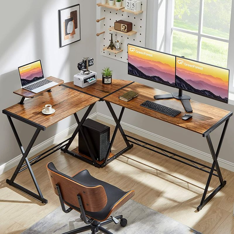 Photo 2 of GreenForest L Shaped Computer Desk Large Size Reversible Corner Computer Desk 64 inch with Large Monitor Stand and CPU Stand, Home Office Study Writing Desk Workstation, Space Saving, Oak NEW 