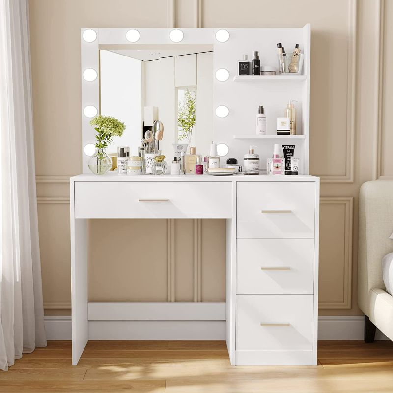 Photo 1 of Makeup Vanity Table with Lighted Mirror, Makeup Vanity Desk with Storage Shelf and 
3 Drawers, Bedroom Dressing Table,  LED Lights, White NEW