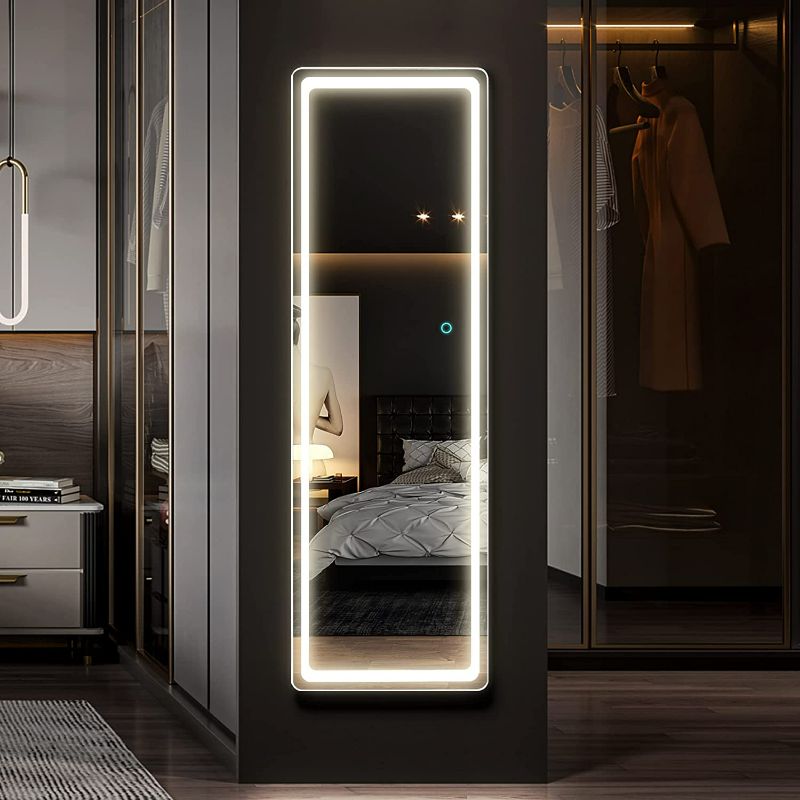 Photo 1 of LVSOMT Full-Length Mirror with Lights, 47"x14" LED Lighted Wall Mounted Mirror, Over The Door Hanging Mirror, Light Up Full Body Mirror, Long Dressing Mirror for Bedroom (White+LED)