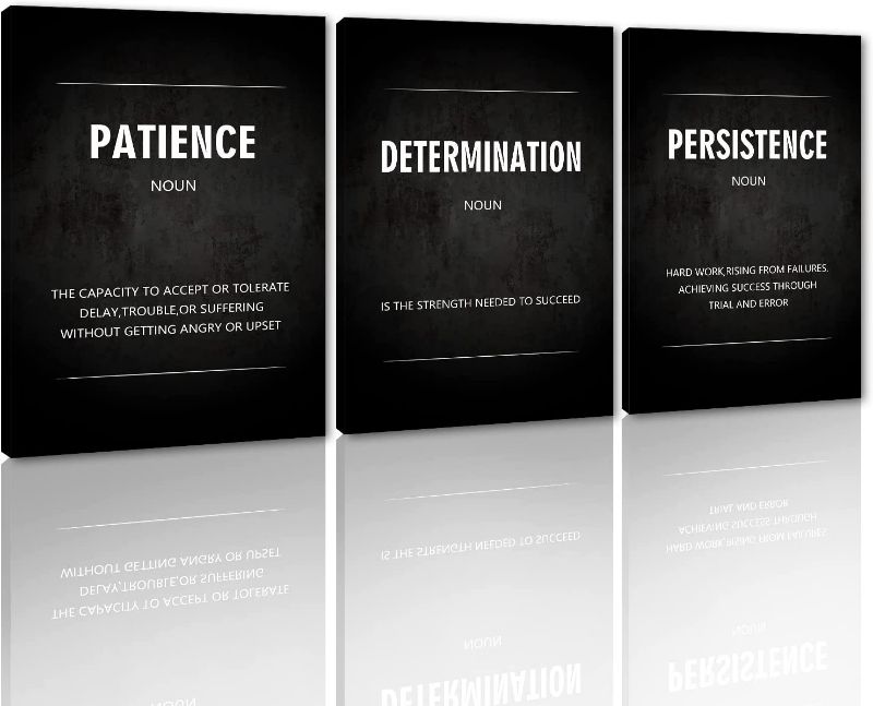 Photo 1 of 3 Pcs Framed Office Wall Art Black and White Motivational Verbs Patience Determination Persistence Artwork Canvas Paintings Large Office Wall Decoration Posters Easy to Hang-12 inch x 16 inch x 3pcs NEW 