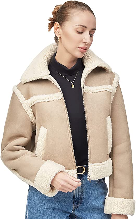 Photo 1 of Yembulk Women's Wool Faux Fur Jacket Patchwork Sherpa Lined Jacket Faux Lambs Pea Coat Winter Warm Fleece Sherpa Jacket Short XL NEW