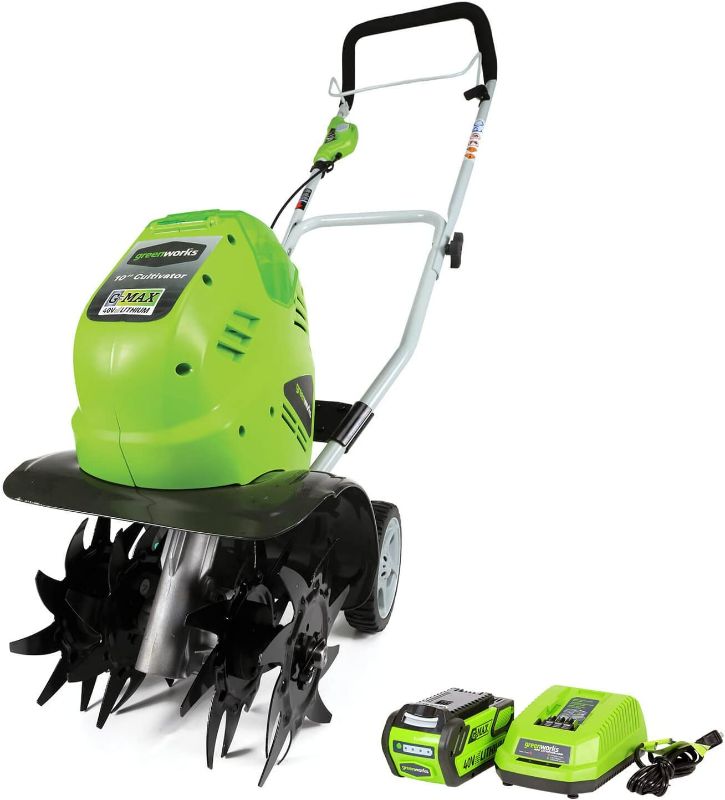 Photo 1 of Greenworks 40V 10" Cordless Tiller / Cultivator, 4.0Ah Battery and Charger Included