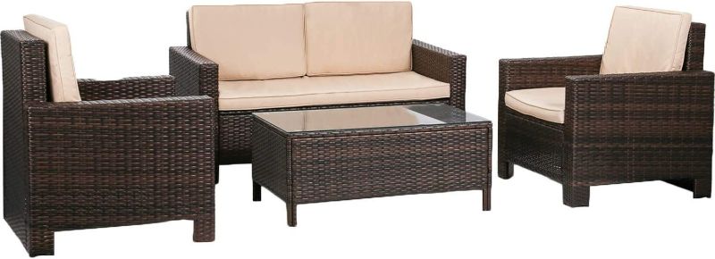 Photo 1 of MISSING 1 of 2 BOXES FDW Furniture 4 Piece Patio Sectional Sofa Outdoor Rattan Chair Conversation Sets Cushions Seat Lawn Balcony Poolside or Backyard Wicker, Brown NEW 