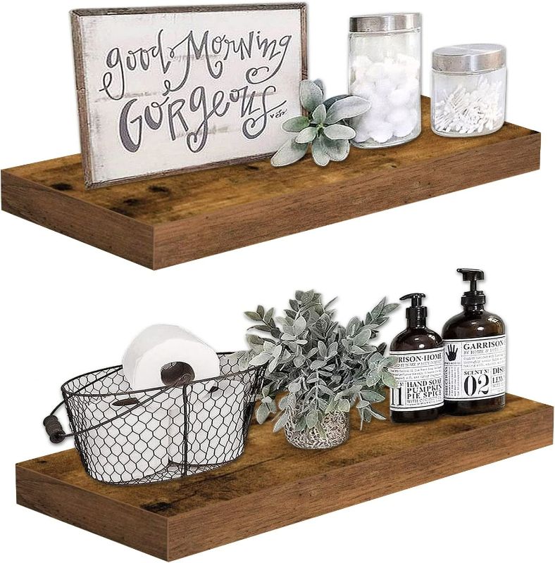Photo 1 of QEEIG Floating Shelves Wall Shelf 24 inches Long Farmhouse Bathroom Decor Bedroom Kitchen Living Room Wall Mounted 24 x 9 inch Set of 2, Rustic Brown NEW 