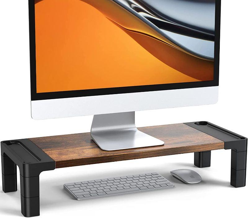 Photo 1 of HUANUO Monitor Stand, Adjustable Monitor Stand, Wood Monitor Stand for Laptops, Computers, Printers, iMac, PC, Monitor Riser for Home & Office 