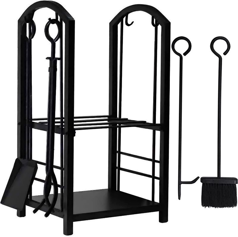 Photo 1 of Amagabeli Firewood Rack Fireplace Tool Rack Indoor Wood Holders Fireplace Outdoor Log Holder Rack Lumber Storage Stacking Black Stove Wrought Iron Large Logs Bin Fireplace Tools Set Tongs Accessories NEW 