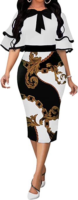 Photo 1 of FoveNK Pencil Dress for Women Business Elegant Ruffle Sleeve Bodycon Church Dresses Wear to Work Zipper
SIZE LARGE
