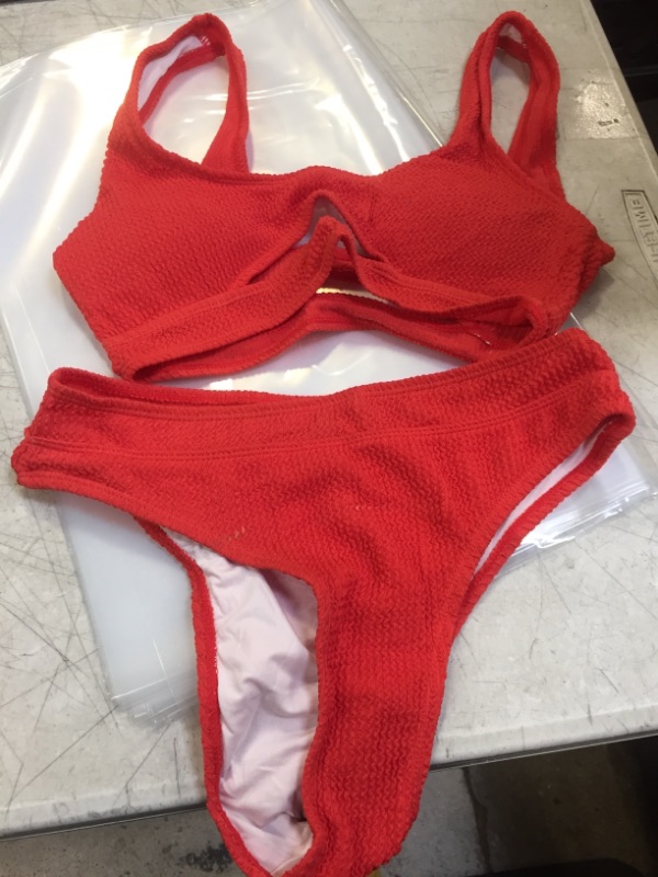 Photo 2 of Aleumdr Women's Cutout Crop Top Bikini Set Sports 2 Pieces Cheeky High Waisted High Cut Swimsuit Red SIZE Small 4 6