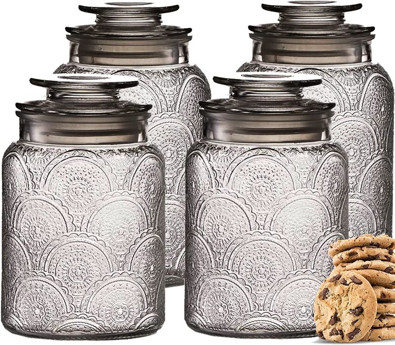 Photo 1 of 4pc Glass Canisters Set for Kitchen Counter with Airtight Lids – Vintage Retro Design - Pantry Organization Food Storage Containers for Cookies, Nut Bowl, Tea, Sugar, Candy Jars, Sugar Packet Holders.
