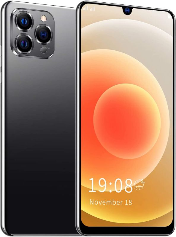 Photo 1 of IP12 PRO Unlocked Android Smartphone,6.26in Waterdrop Full Screen Dual SIM Cell Phone,Ultra Thin Mobile Phone Supports Face Fingerprint Unlocking,Quad Core CPU,Triple Rear Camera Black