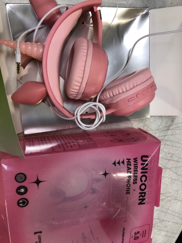 Photo 3 of TLANDMING Kids Pink Headphones, Wireless Headphones with Bluetooth/3.5 Audio Cable/TF Card Three Modes, Glowing Unicorn Over Ear Headphones with Microphone Radio for Girls Women Kids Teens Adults