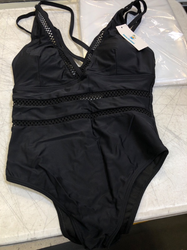 Photo 2 of Beachsissi Women One Piece Swimsuit Sexy Deep V Neck Cross Back Bathing Suit Black SIZE Medium