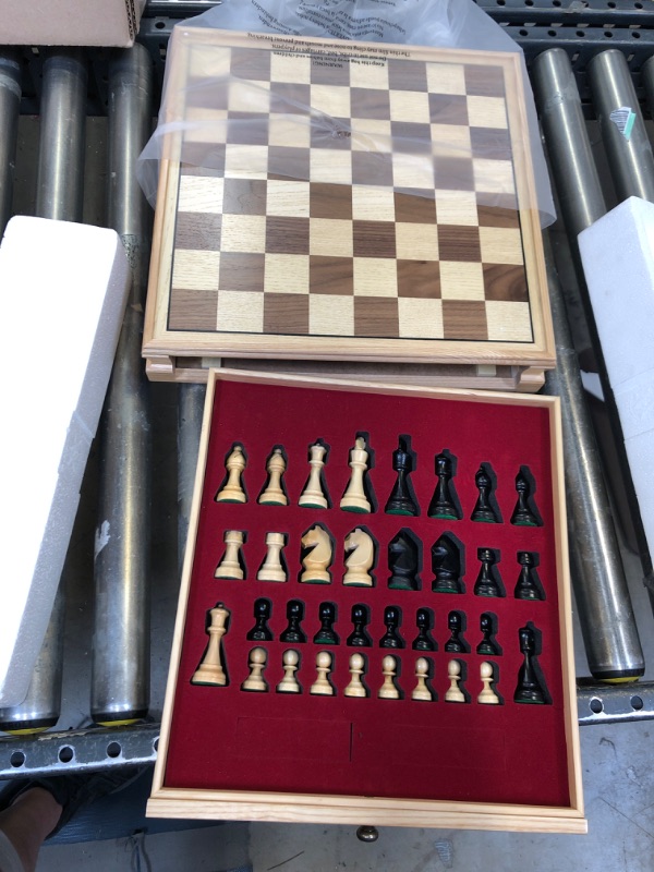 Photo 2 of A&A 15 inch European Ash Wooden Chess Sets w/ Storage Drawer / Triple Weighted - 3.0 inch King Height / European Ash Box w/Walnut & European Ash Inlay / 2 Extra Queen / Classic 2 in 1 Board Games Triple Weighted Pieces w/ European Ash Box