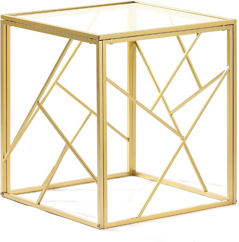 Photo 1 of YiLifebes 20 Inch Modern Glass End Table, Small Square Side Table with Geometric Metal Frame, Accent Table Nightstand Furniture Corner Table for Living Room,Home Office,Bedroom - Gold
