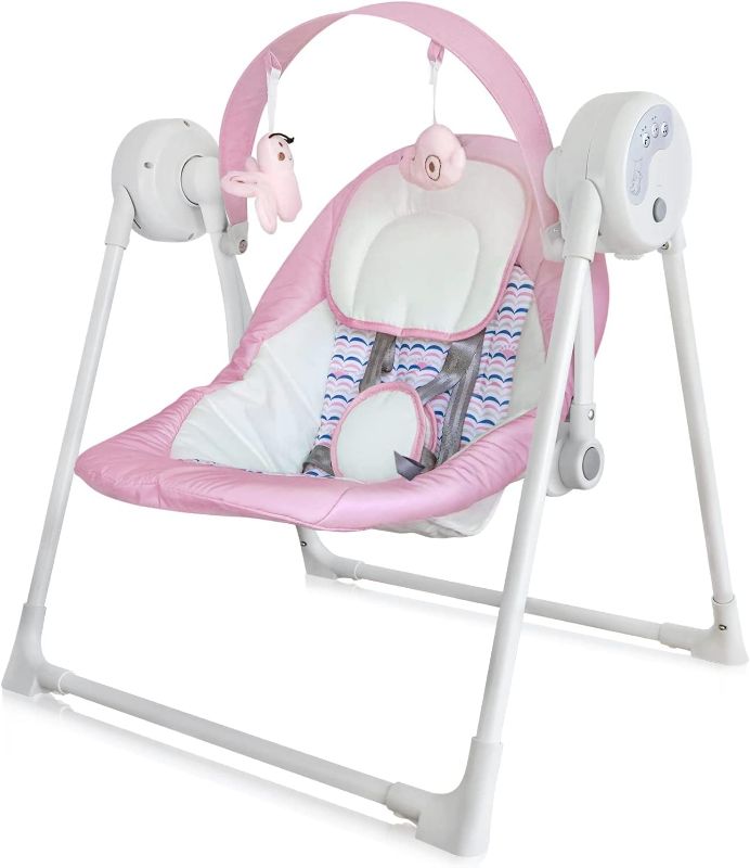 Photo 1 of Electric Portable Baby Swing, Baby Swings for Infants to Toddler with Intelligent Music Vibration Box, Baby Electric Swing for 6-25 lb, 0-12 Months, Folds for Easy Travel, Pink
