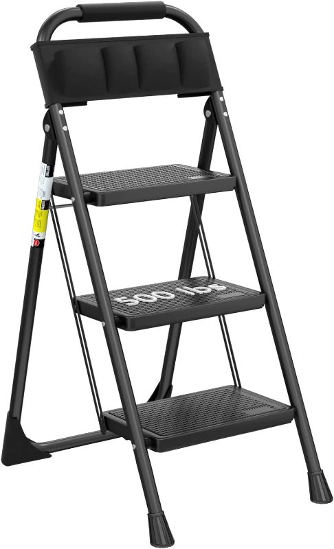 Photo 1 of 3 Step Ladder EFFIELER Folding Step Stool with Wide Anti-Slip Pedal, 500 lbs Sturdy Steel Ladder, Convenient Handgrip, Lightweight, Portable Steel Step Stool for Household, Kitchen,Office Step Ladder

