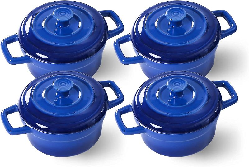 Photo 1 of 12 oz Mini Cocotte with Lid, Lareina Small Ceramic Round Casseroles Dish with Handles and Cover, Cute Stoneware Individual Severing Pot, Set of 4, Blue
