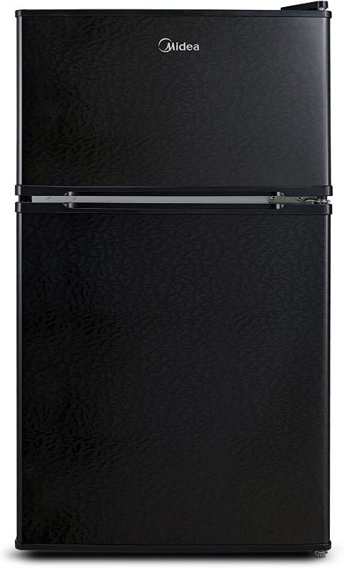Photo 1 of Midea WHD-113FB1 Double Door Mini Fridge with Freezer for Bedroom Office or Dorm with Adjustable Remove Glass Shelves Compact Refrigerator, 3.1 cu ft, Black NEW