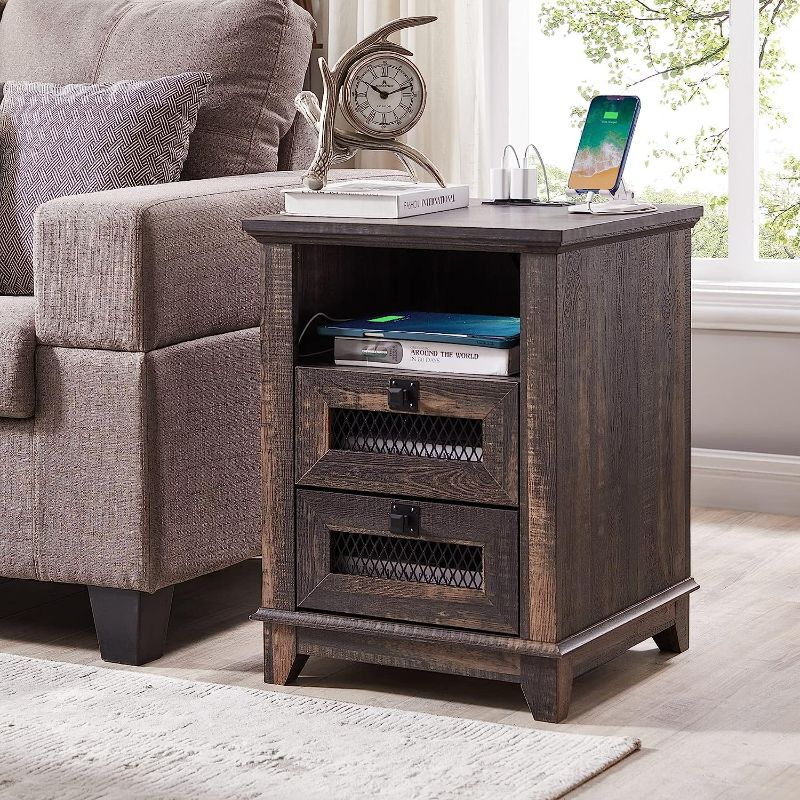 Photo 1 of Nightstand with Charging Station,OKD 18'' Industrial & Farmhouse Square End Table w/ 2 Drawers & Open Cubby, Rustic Mesh Drawer Sofa Side Table w/Storage for Bedroom, Living Room Office, Antique 
