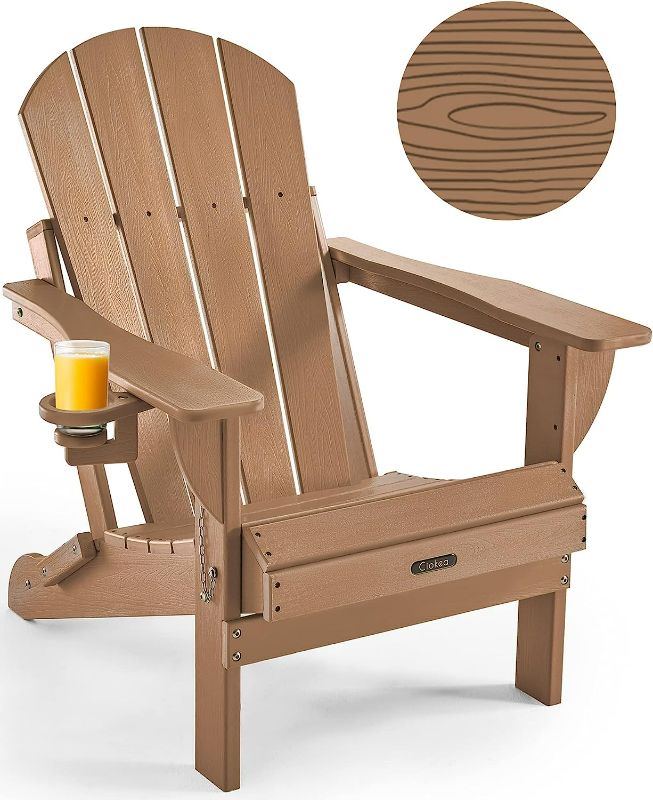 Photo 1 of  Folding Adirondack Chair Wood Texture, Patio Adirondack Chair Weather Resistant, Plastic Fire Pit Chair with Cup Holder, Lawn Chair for Outdoor Porch Garden Backyard Deck NEW 