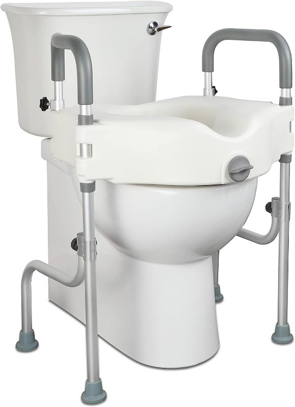 Photo 1 of Raised Toilet Seat, Elevated Toilet Riser with Height Adjustable Legs, Padded with Armrests, Elevator 5 Inches, Support 300 lbs, Tool Free Installation, Safety Frames for Elderly, Handicap, Disabled
