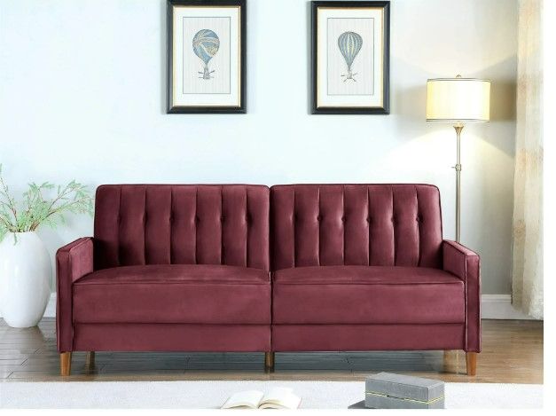 Photo 1 of US Pride Furniture US Pride Strip Convertible Velvet Sofa Bed Burgundy NEW 
