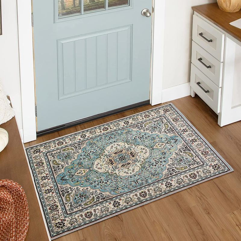 Photo 1 of Lahome Persian Floral Medallion Area Rug -2x3 Bedroom Bathroom Distressed Rug Soft Non-Slip Washable Low-Pile Nursery Mat, Turkish Indoor Accent Floor Carpet for Entry Coffee Table Office Camper