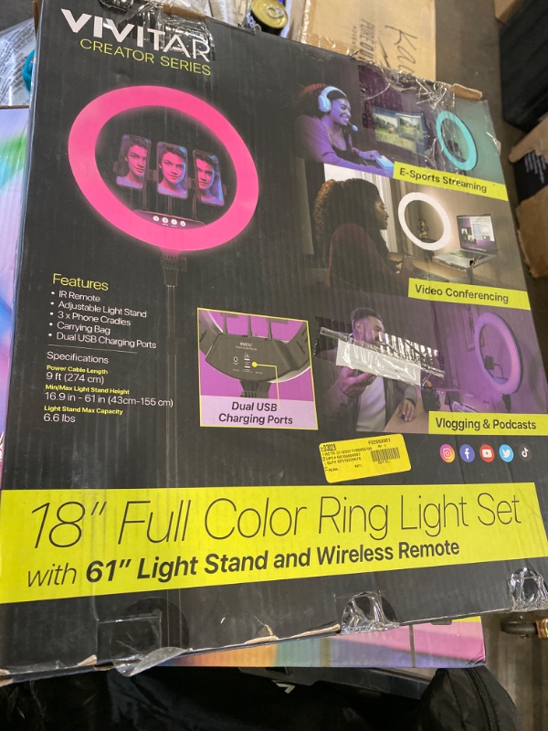Photo 3 of Vivitar 18-Inch LED Ring Light RGB Adjustable 63-Inch Tripod Stand Phone Stand and Wireless Remote for Selfies OPEN BOX. CONDITION SOLD AS IS, UNTESTED.
