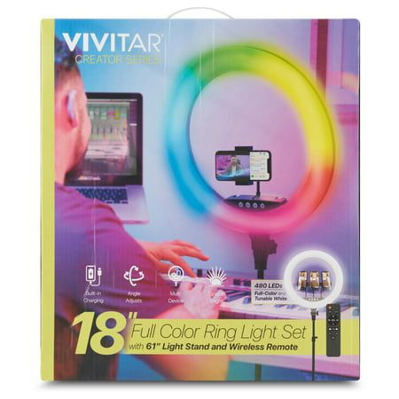 Photo 1 of Vivitar 18-Inch LED Ring Light RGB Adjustable 63-Inch Tripod Stand Phone Stand and Wireless Remote for Selfies OPEN BOX. CONDITION SOLD AS IS, UNTESTED.