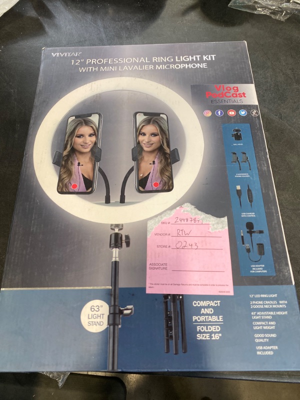 Photo 3 of Vivitar 12" Professional White LED Ring Light Kit with Mini Lavalier Microphone, Dual Gooseneck Phone Mounts 63" Light Stand OPEN BOX. CONDITION SOLD AS IS, UNTESTED.