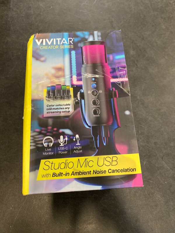 Photo 1 of Vivitar Streaming Studio Microphone with LED Lights Desktop Mic with USB Condenser for Streaming and Gaming SOLD AS IS. UNTESTED 

