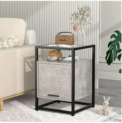 Photo 1 of Jaxpety 23.62"H Nightstand with Drawer Tempered Glass Top End Table for Bedroom Living Room Marbled Gray