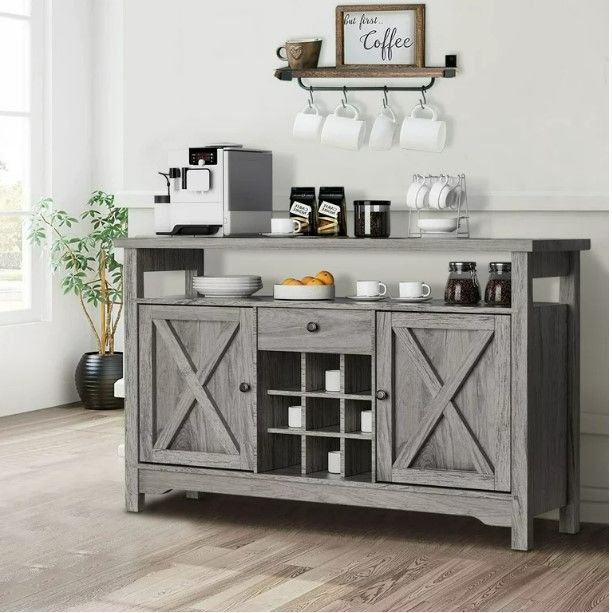 Photo 1 of Farmhouse Coffee Bar Cabinet with Storage, 47" Kitchen Sideboard Buffet Storage Cabinet with Barn Door, Wine Bar Cabinet with Wine Rack, Gray