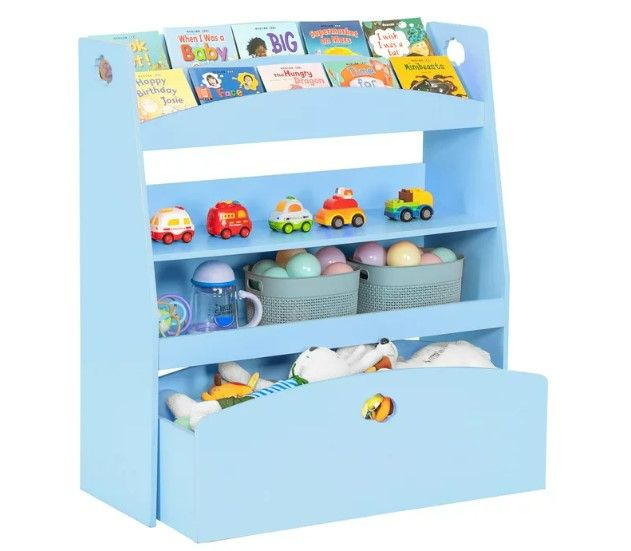 Photo 1 of JOYMOR Kids Toy Storage and Bookshelf, 4 Shelves and One Large Rolling Bin w/Wheels, Children's Toy and Book Organizer Blue NEW
