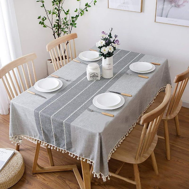 Photo 1 of  Lipo Waterproof Tablecloth Rectangle Embroidery Burlap Linen with Tassel - Heavy Duty Fabric Wrinkle Free Table Cloth for Rectangle Tables Farmhouse Outdoor Tablecloths for Party Dining 55x86" Grey NEW 
