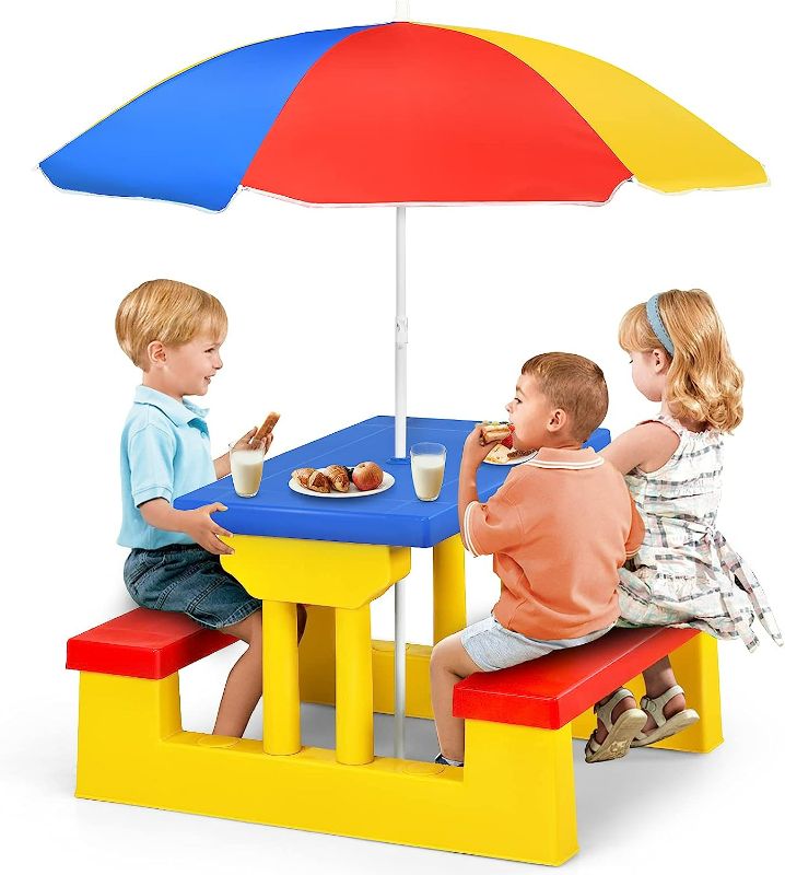 Photo 1 of Costzon Kids Picnic Table, Indoor & Outdoor Table and Bench with Removable Umbrella, Portable Picnic Table Bench Set for Toddlers, Great for Garden, Backyard, Patio (Primary) NEW