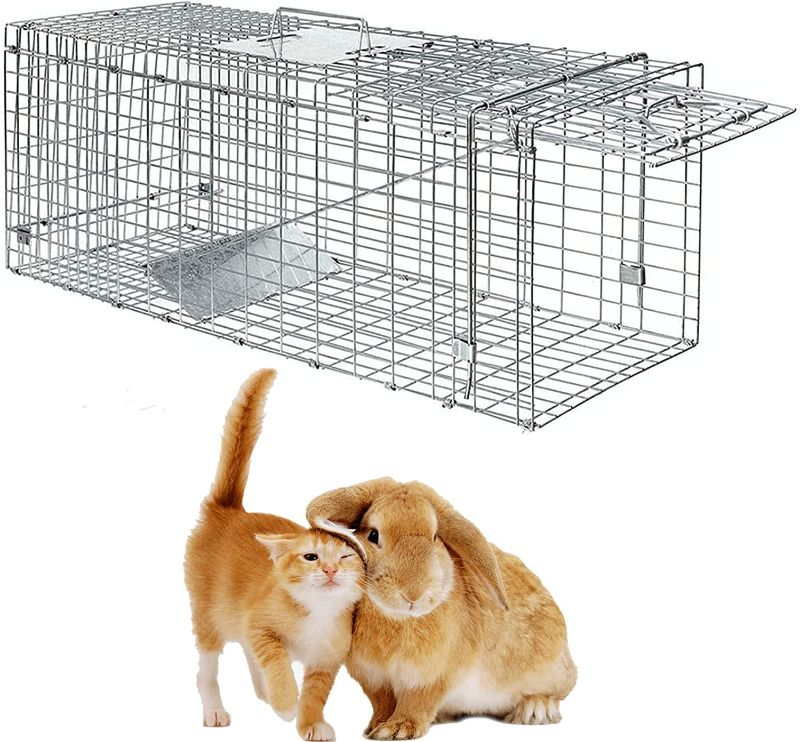 Photo 1 of Live Animal Trap, Cat Trap Cage Humane Catch and Release Live Animal Trap Collapsible for Raccoon Cat Groundhogs Opossums Foxes Mouse Voles Skunk No-Kill Trapping Kit
