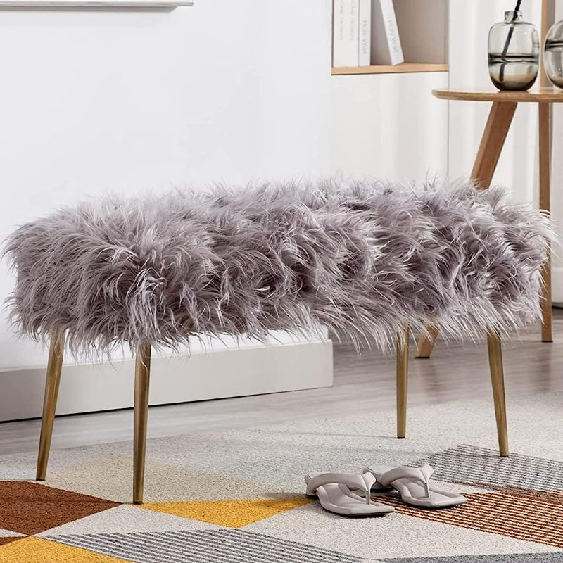 Photo 1 of Grey Faux Fur Ottoman Bench Upholstered Bedroom Furry Entryway Bench Long Hair Stool with Metal Legs for Bed Living Room Entry (45X16") NEW 