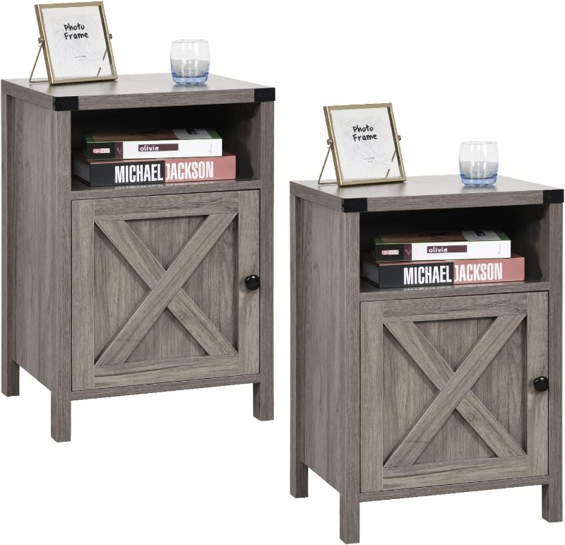 Photo 1 of Farmhouse Nightstand, Bedside Tables Night Stands for Bedrooms Set of 2, Rustic End Table with Barn Door & Storage Shelf, Industrial Nightstands Accent Living Room, Grey Wash, Wood Color NEW 