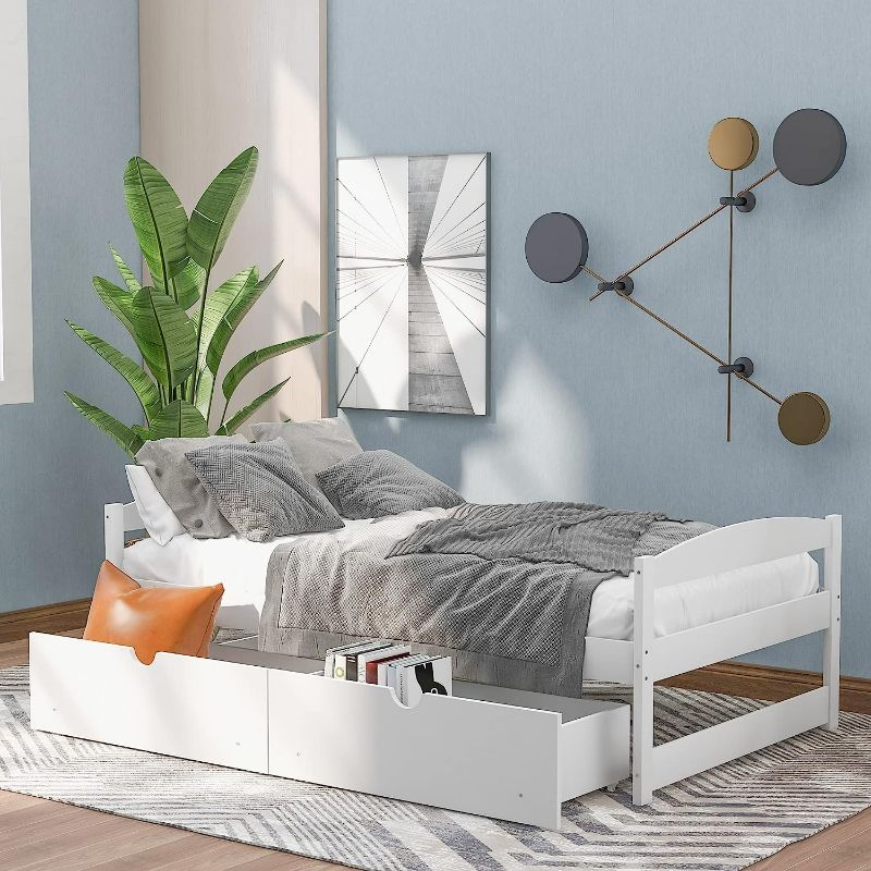 Photo 1 of Double Platform Bed with Two Drawers This Has A Clean Classic Silhouette That Subtle Elegant Tones White Modern Contemporary Wood Natural Includes Hardware NEW 